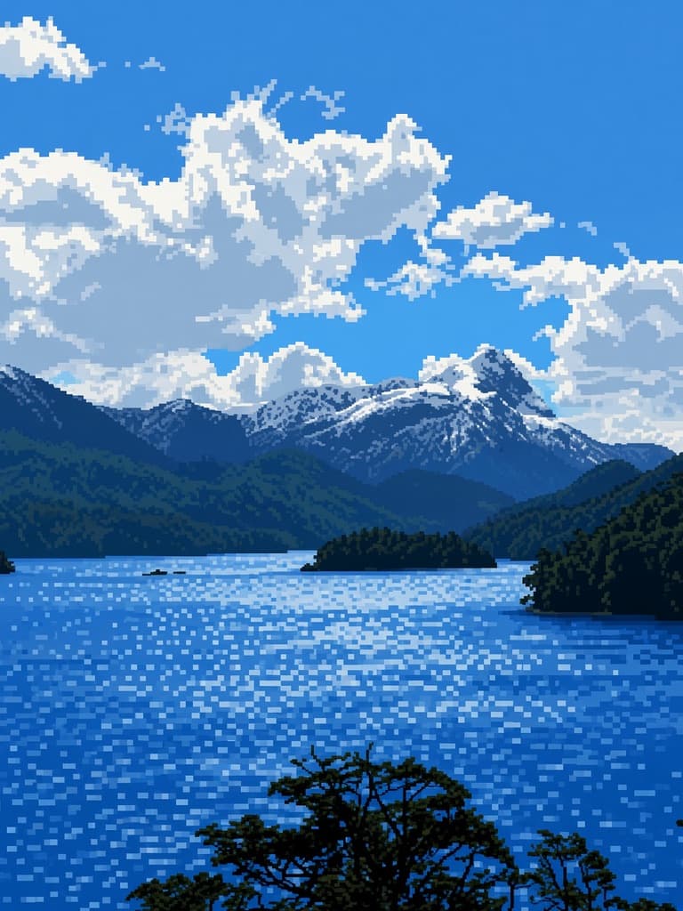 Pixel-art mountain lake under a blue sky